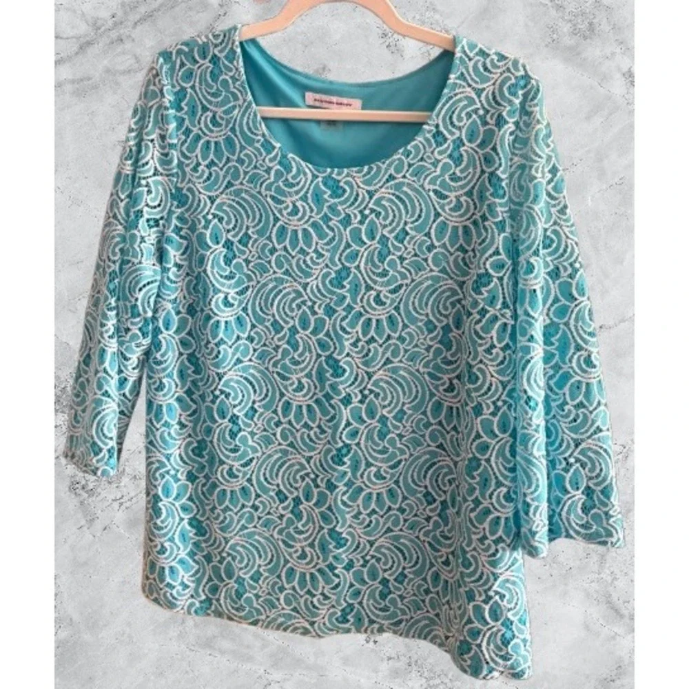 Allison Daley Womens XL Teal Blue White Floral Lace 3/4 Sleeve Blouse Top - Picture 2 of 6